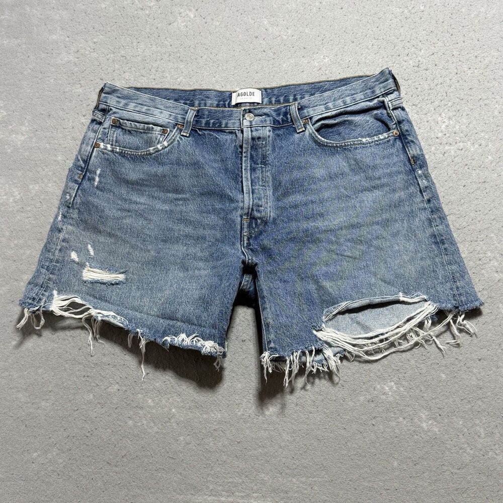 Agolde Parker Long Size 33 Distressed Denim Jean Shorts Button Fly High Rise